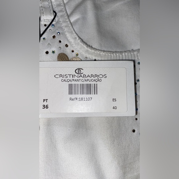 Cristina Barros Women's White Floral Embroidery Jeans - Straight Leg Cotton - Picture 2 of 9